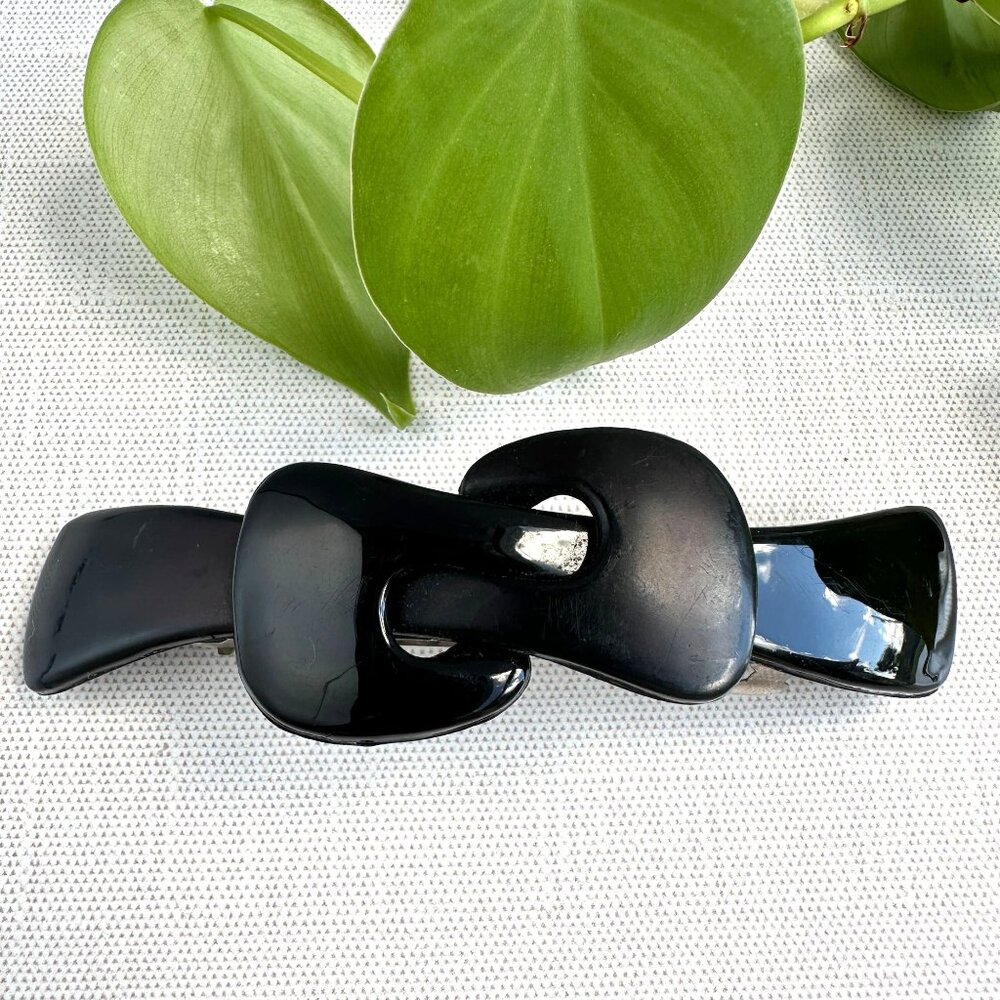Vintage 1980s Black Plastic Hair Barrette with Chunky Bow Design Design Large